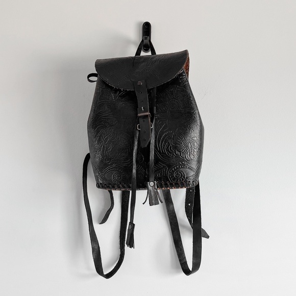 Rare True Vintage 70's Genuine Leatherwork Black Western Satchel Backpack Mexico - Picture 1 of 10